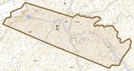 字菅谷とその周辺の地図。町の範囲を重ねている