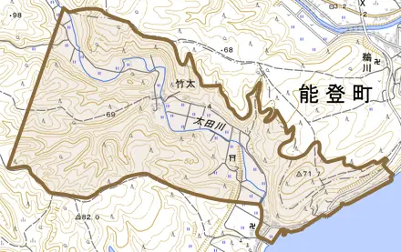 字竹太とその周辺の地図。町の範囲を重ねている