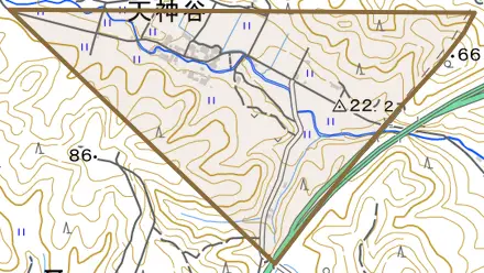 字天神谷とその周辺の地図。町の範囲を重ねている