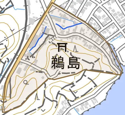 字鵜島とその周辺の地図。町の範囲を重ねている