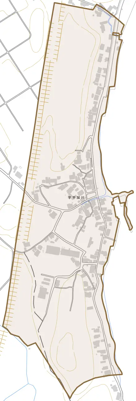 字宇加川とその周辺の地図。町の範囲を重ねている