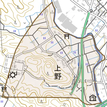 字上野とその周辺の地図。町の範囲を重ねている
