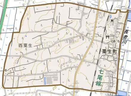 粟生町とその周辺の地図。町の範囲を重ねている