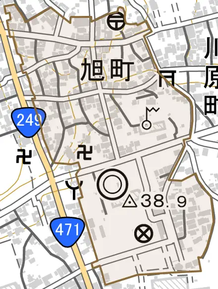 旭町とその周辺の地図。町の範囲を重ねている