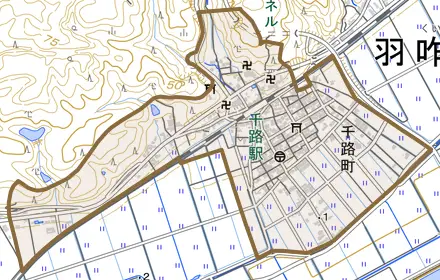 千路町とその周辺の地図。町の範囲を重ねている