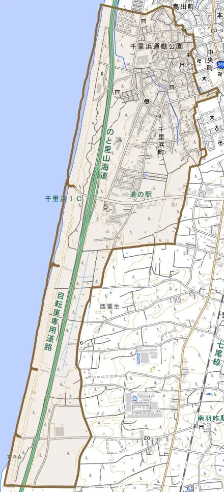 千里浜町とその周辺の地図。町の範囲を重ねている