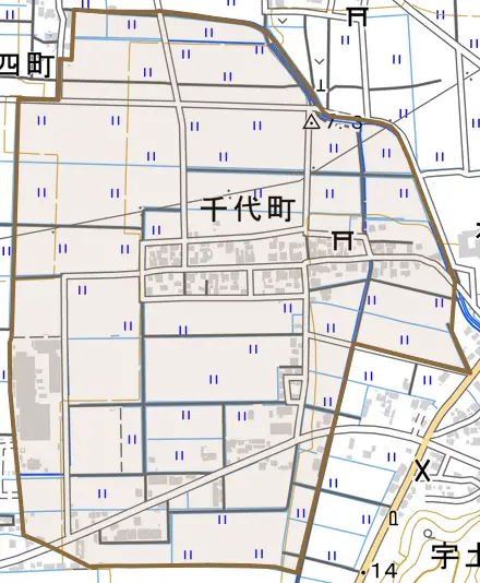 千代町とその周辺の地図。町の範囲を重ねている