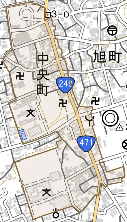 中央町とその周辺の地図。町の範囲を重ねている