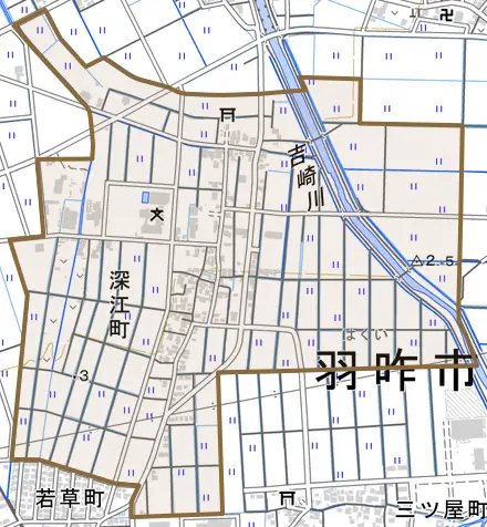 深江町とその周辺の地図。町の範囲を重ねている