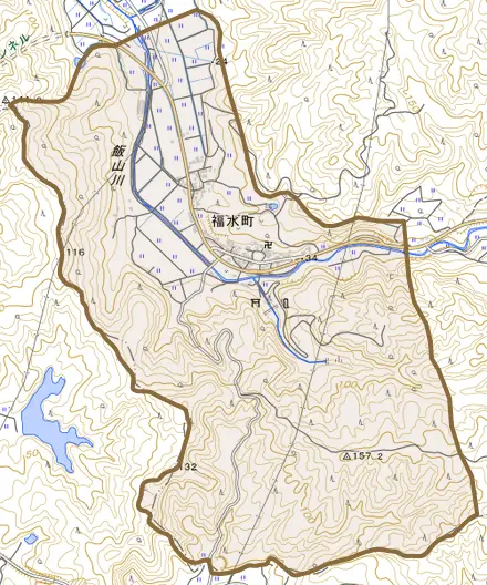 福水町とその周辺の地図。町の範囲を重ねている