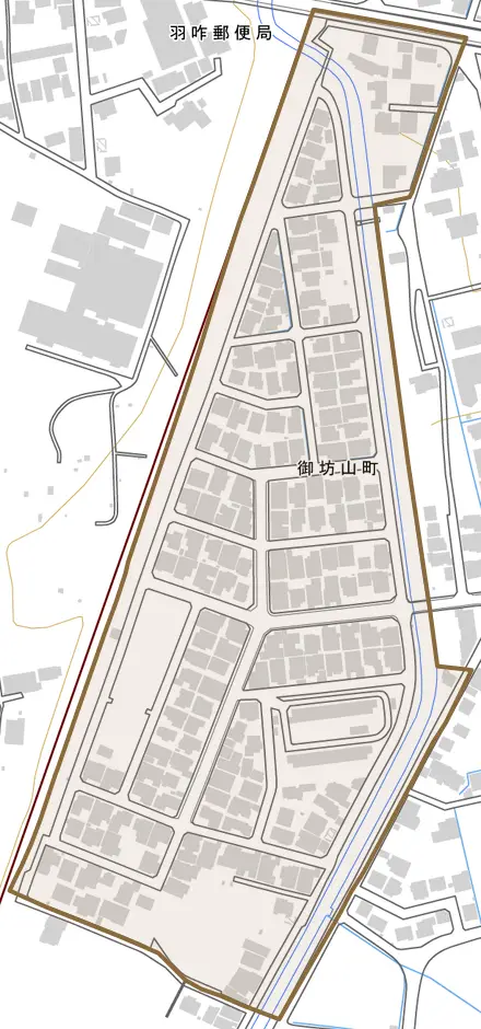 御坊山町とその周辺の地図。町の範囲を重ねている
