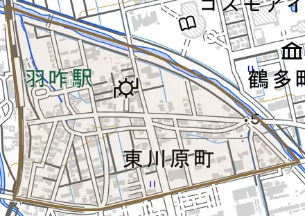 東川原町とその周辺の地図。町の範囲を重ねている