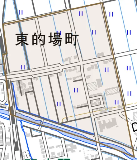 東的場町とその周辺の地図。町の範囲を重ねている