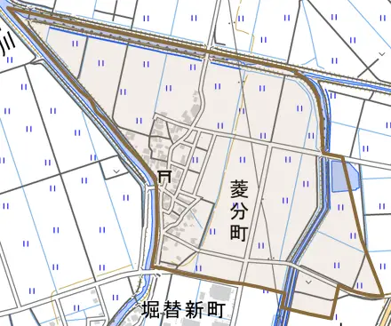 菱分町とその周辺の地図。町の範囲を重ねている