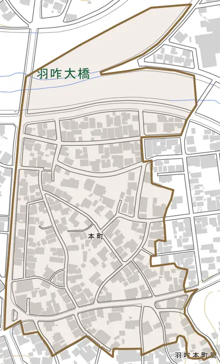 本町とその周辺の地図。町の範囲を重ねている