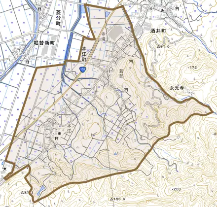 本江町とその周辺の地図。町の範囲を重ねている