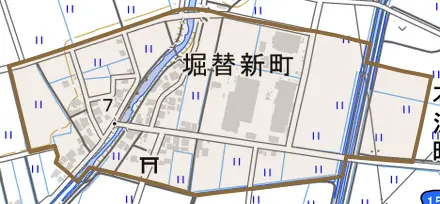 堀替新町とその周辺の地図。町の範囲を重ねている