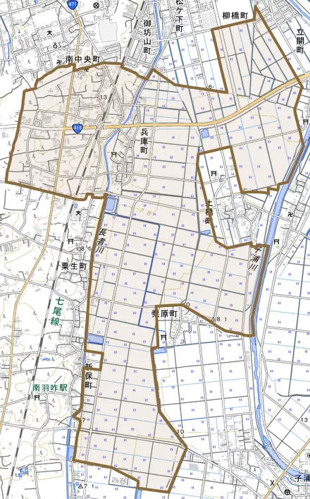 兵庫町とその周辺の地図。町の範囲を重ねている