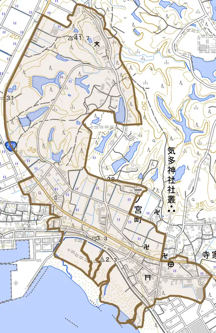 一ノ宮町とその周辺の地図。町の範囲を重ねている