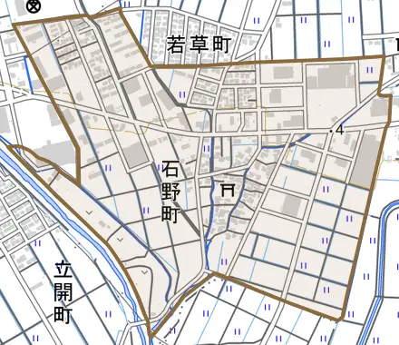 石野町とその周辺の地図。町の範囲を重ねている