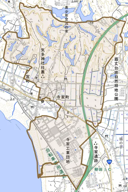 寺家町とその周辺の地図。町の範囲を重ねている
