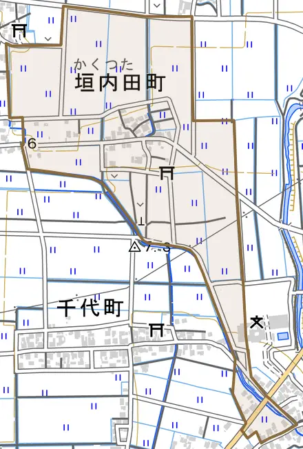 垣内田町とその周辺の地図。町の範囲を重ねている