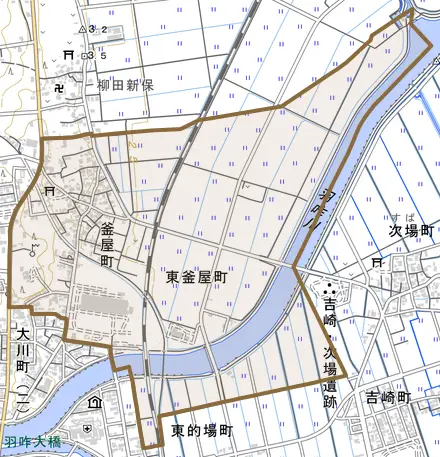 釜屋町とその周辺の地図。町の範囲を重ねている