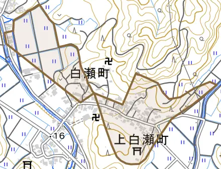 上白瀬町とその周辺の地図。町の範囲を重ねている