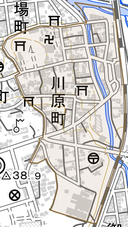 川原町とその周辺の地図。町の範囲を重ねている