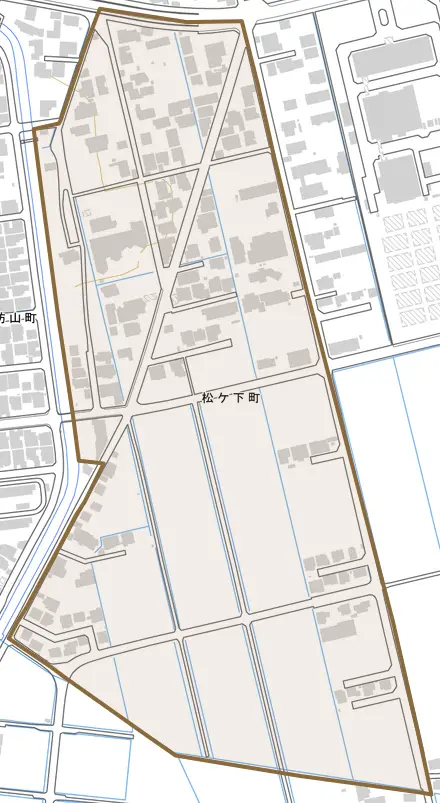 松ケ下町とその周辺の地図。町の範囲を重ねている