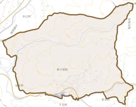 神子原町とその周辺の地図。町の範囲を重ねている