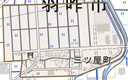 三ツ屋町とその周辺の地図。町の範囲を重ねている