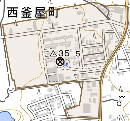 西釜屋町とその周辺の地図。町の範囲を重ねている