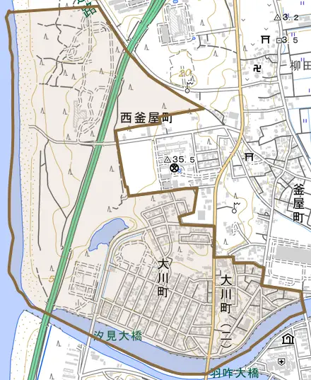 大川町とその周辺の地図。町の範囲を重ねている
