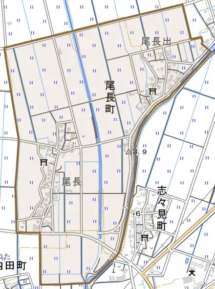尾長町とその周辺の地図。町の範囲を重ねている