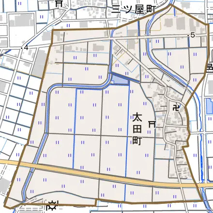 太田町とその周辺の地図。町の範囲を重ねている