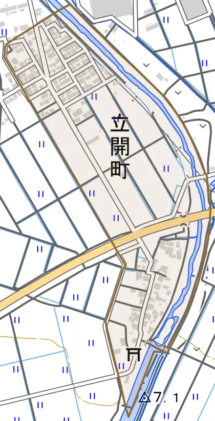 立開町とその周辺の地図。町の範囲を重ねている
