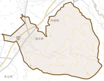 酒井町とその周辺の地図。町の範囲を重ねている
