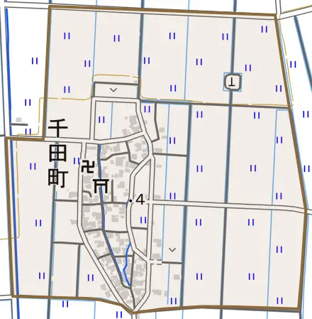 千田町とその周辺の地図。町の範囲を重ねている
