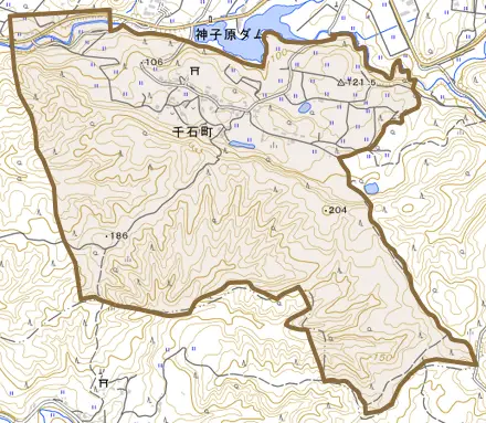 千石町とその周辺の地図。町の範囲を重ねている