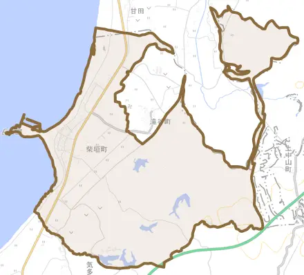 柴垣町とその周辺の地図。町の範囲を重ねている