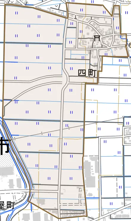 四町とその周辺の地図。町の範囲を重ねている