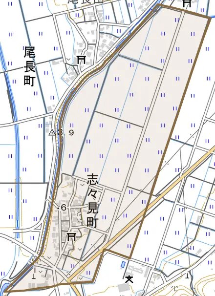 志々見町とその周辺の地図。町の範囲を重ねている