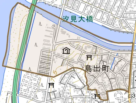 島出町とその周辺の地図。町の範囲を重ねている