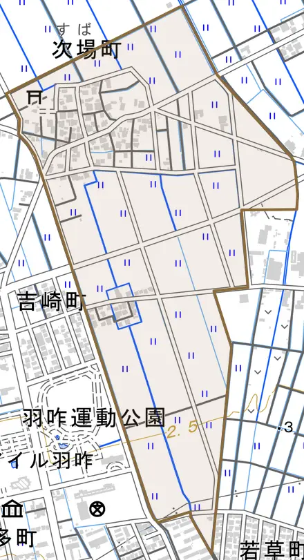 次場町とその周辺の地図。町の範囲を重ねている
