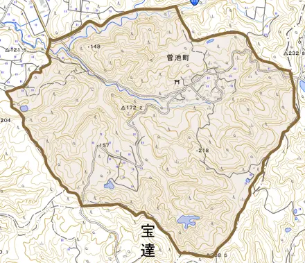 菅池町とその周辺の地図。町の範囲を重ねている