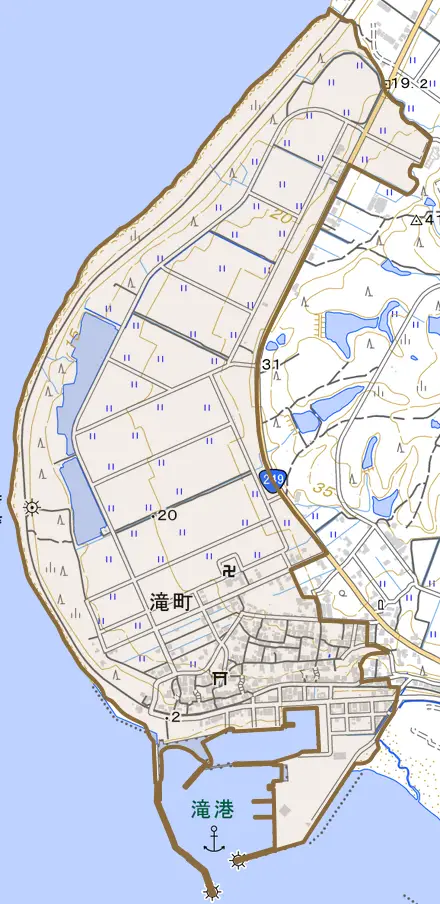 滝町とその周辺の地図。町の範囲を重ねている