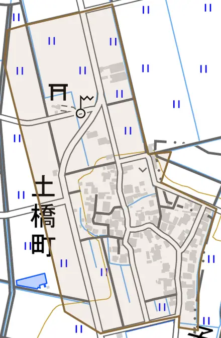 土橋町とその周辺の地図。町の範囲を重ねている