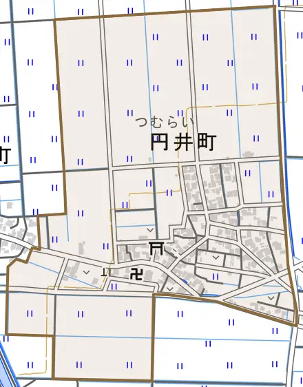 円井町とその周辺の地図。町の範囲を重ねている