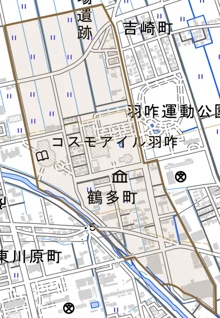 鶴多町とその周辺の地図。町の範囲を重ねている